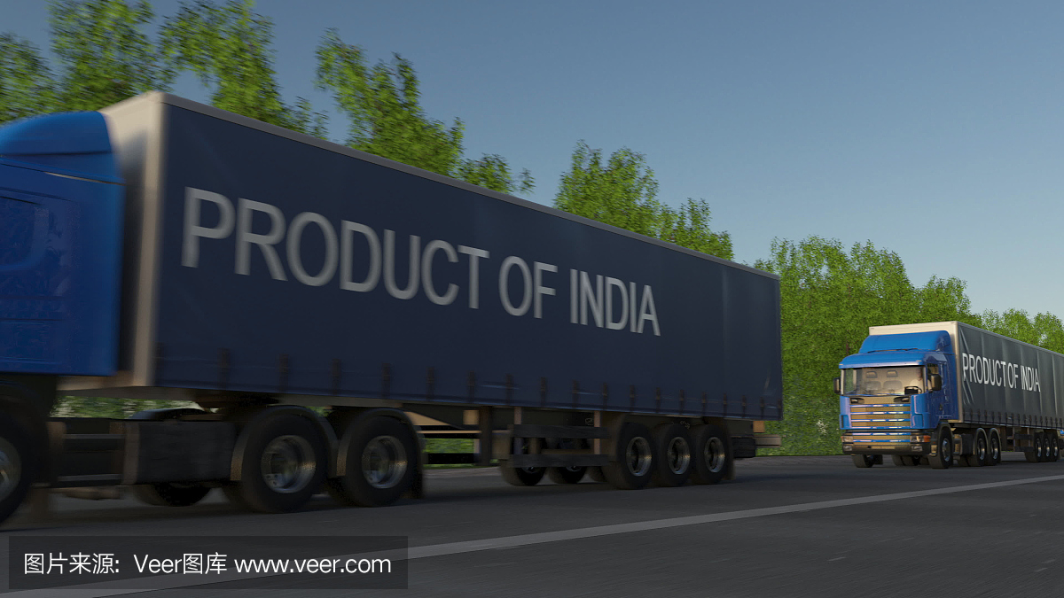 拖车上标有“印度产品”说明的货运半挂车。道路货物运输。三维渲染